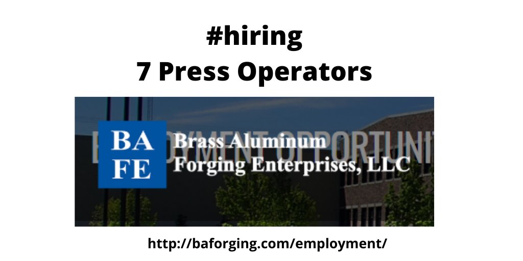 OaklandMIWorks's tweet photo. #Hiring 7 Press Operators at Brass Aluminum Forging Enterprises in #Ferndale #Michigan - The job application is on the website: https://t.co/cDj20rUmYj #PressOperator #job #jobs #OaklandCounty https://t.co/bnenvGPmD6