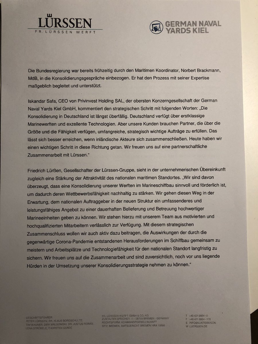 CProessl's tweet photo. Ein Schritt weiter: Lürssen und @NavalYards kündigen Gemeinschaftsunternehmen an. Zunächst außen vor bleibt @thyssenkrupp #mks180 #Marine https://t.co/YHATyIou2P
