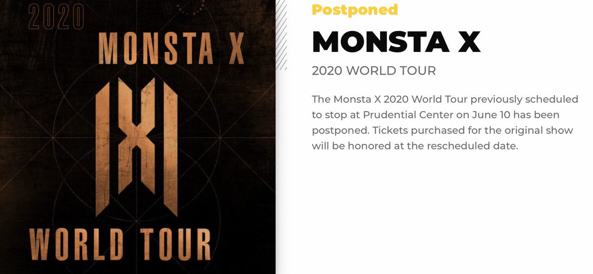 kpopinnyc's tweet photo. MONSTA X 2020 TOUR in North America has been postponed!
🎫 Keep your tickets, your current concert tickets (seats) will be honored for the new dates!
#MONSTAX #몬스타엑스 #MONSTAXinNJ #MONSTAXinNEWARK https://t.co/ml5bzATcLE