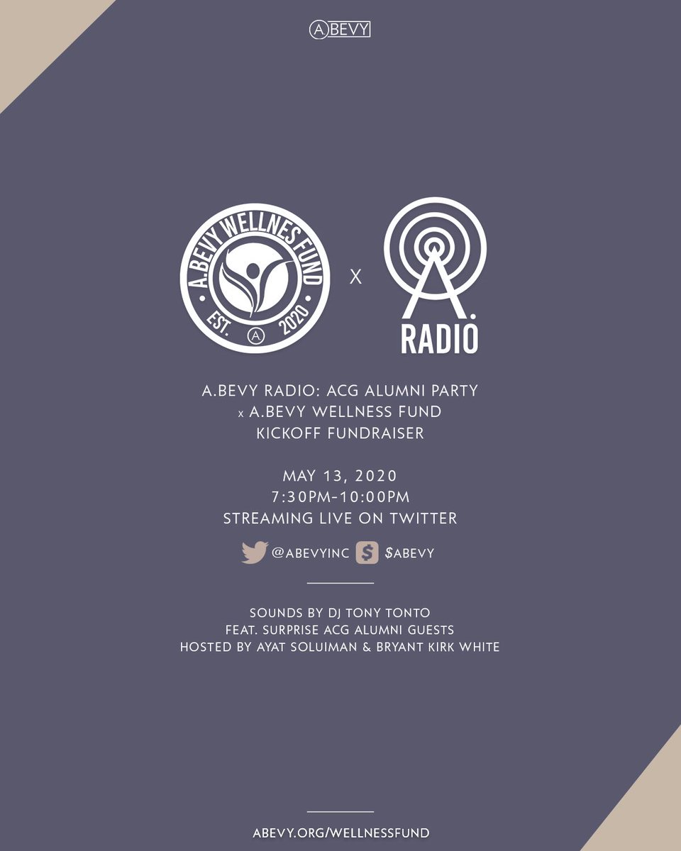 bkirkwhite's tweet photo. Tonight we celebrate, donate, & illuminate. Congratulations to our past & present #ACGAlumni! 🎉✨
Follow @ABevyInc, catch #ABevyRadio live tonight, & help us raise the balance in our newly announced #ABevyWellnessFund. 📻🌊
Cash App: $ABevy https://t.co/BE150CqOAN