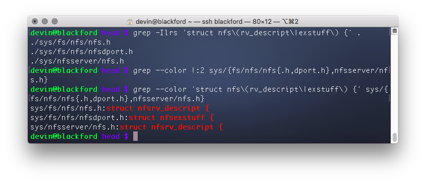 Once again, regex saves us a lot of time in searching for the definitions (and also knowing how FreeBSD strictly forms structure definitions -- "struct name {" <-- no funny business in the kernel headers, standardized style(9)) https://svnweb.freebsd.org/base/head/sys/nfsserver/nfs.h?view=annotate#l180