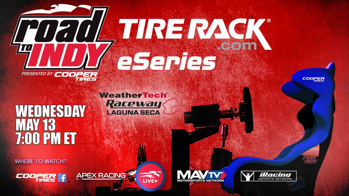 RobHowden's tweet photo. It's time to get back on the mic with Jonathan Simon for the second round of the @tirerack #RoadToIndy eSeries. We're hitting the legendary Laguna Seca tonight at 6:45 pm ET for a pair of 20minute sprint races. Tune in at any of the outlets found on the graphic. #BookIt https://t.co/PN2Z6IjKXZ
