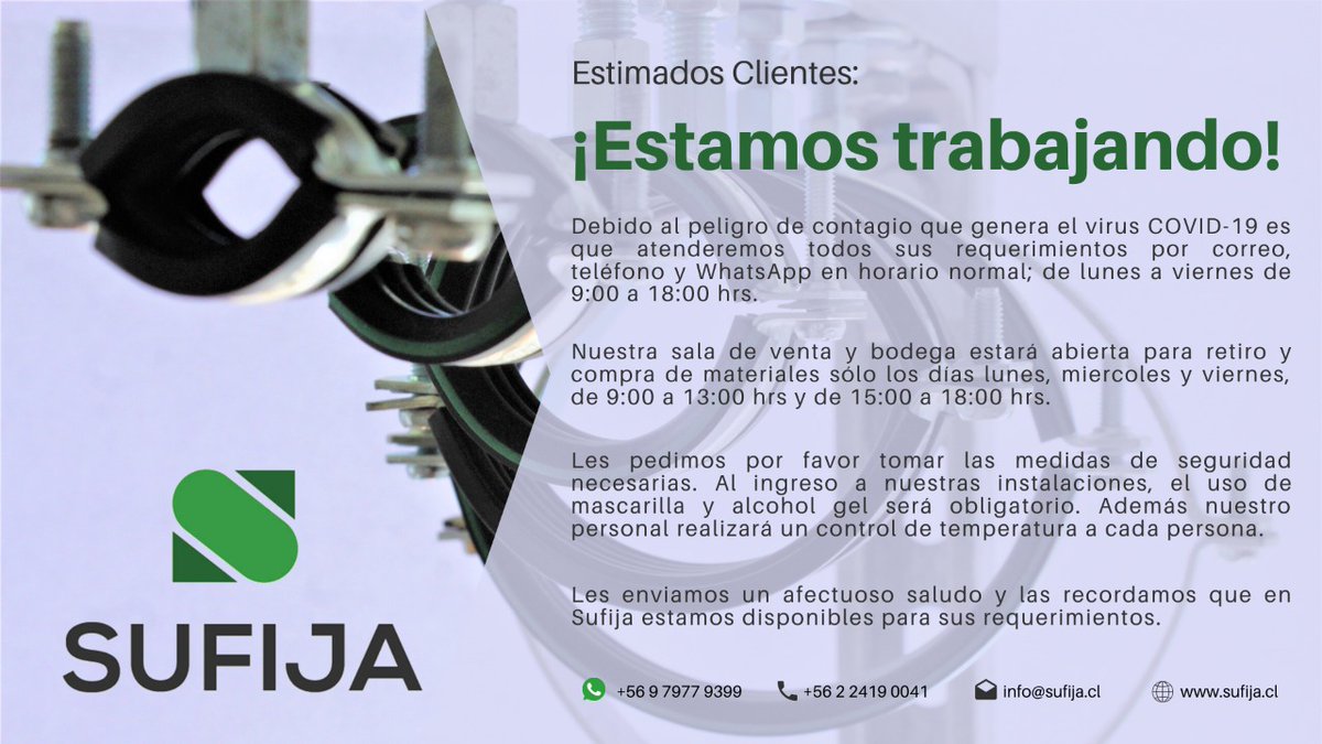 sufijaspa's tweet photo. En SUFIJA estamos trabajando! Y lo seguiremos haciendo con todas las medidas de seguridad y precaución. 
Visita https://t.co/9aXkO8Vncp  @acesol #PYMES  #TodosporlasPYMES #ACESOL #energiasolar #COVIDー19 #CuarentenaTotal #Santiago https://t.co/H57VIfcK9A