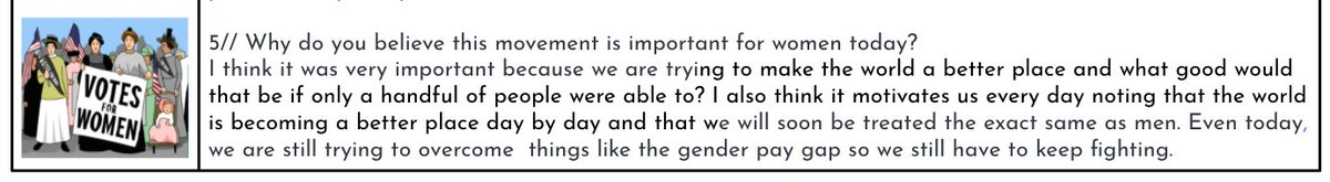 As Gr. 6 Ss explore the women's suffrage movement they are making connections between what happened then and why it is important today. With thinking like this, the future is bright! An example of when students inspire teachers. #hyperdocs  #middleschool #humanities