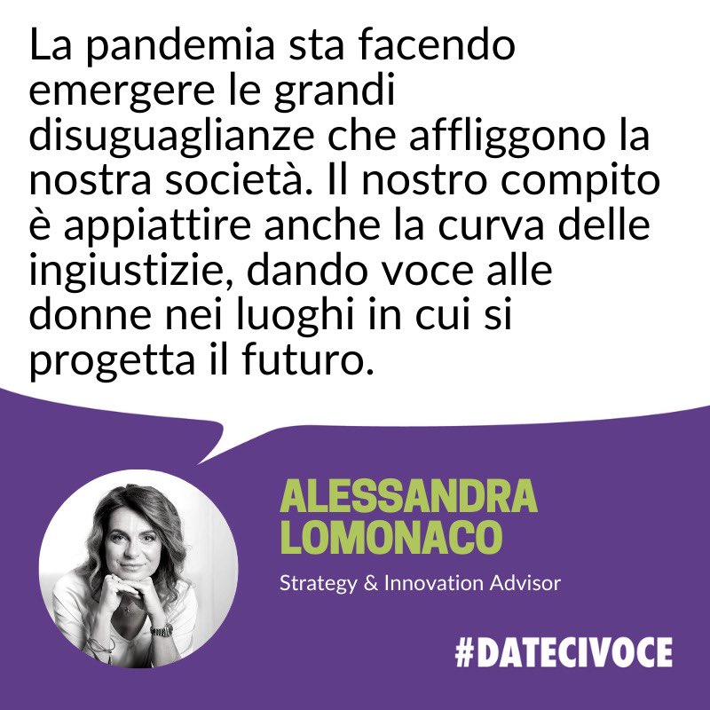 datecivoce's tweet photo. "La pandemia sta facendo emergere le grandi disuguaglianze che affliggono la nostra società. Il nostro compito è appiattire la curva delle ingiustizie, dando voce alle donne nei luoghi in cui si progetta il futuro."

Alessandra Lomonaco è tra le prime firmatarie di #DateciVoce https://t.co/dJBpCw7wlb