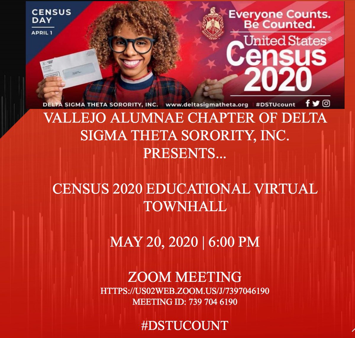 SolanoCounts's tweet image. Sign up for the Vallejo Alumnae Chapter, DST #Census2020 Educational Virtual Town Hall on May 20. 

#DSTUCOUNT #EveryoneCountsSolano #SolanoKidsCount #BayAreaCounts2020 #BeCounted #Vallejo #townhall #sorority