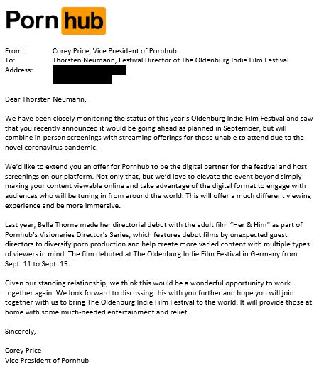 Pornhub's tweet photo. Hey @filmfestol, we saw that the festival would be going ahead as planned in September, but will combine in-person with streaming screenings due to the coronavirus pandemic. Pornhub would like to be the digital partner for the festival and host screenings on our platform 🧡 https://t.co/gSFD9zvdlW