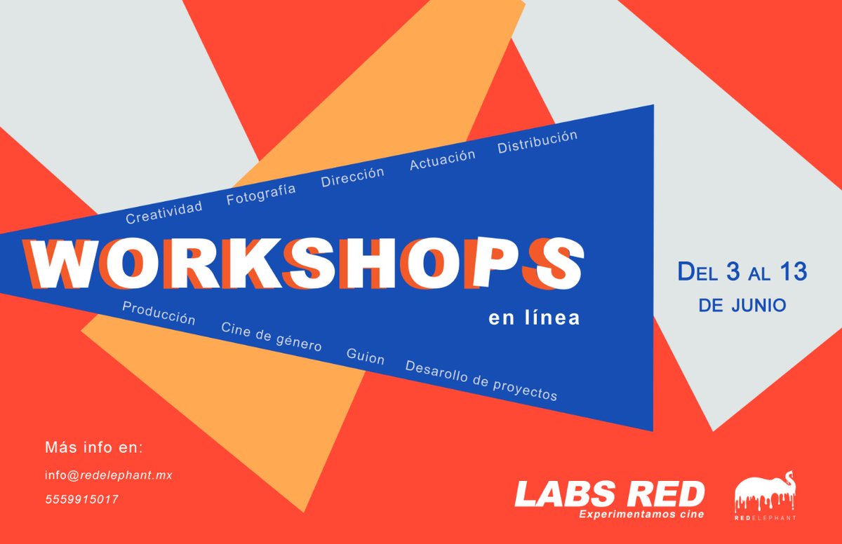Aburrido y con ganas de aprender??... ven a conocer los Workshops que tenemos para ti. Dos semanas llenas de cine, cineastas independientes nacionales e internacionales te enseñaran a experimentar cine no te lo pierdas! 
Más info en: info@redelephant.mx #LabsRed2020