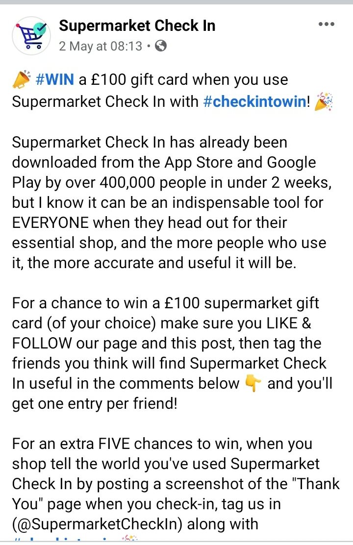 Check out the details of our giveaway on FB for your chance to win a £100 gift card by helping us spread the word about Supermarket Check-In
m.facebook.com/story.php?stor…