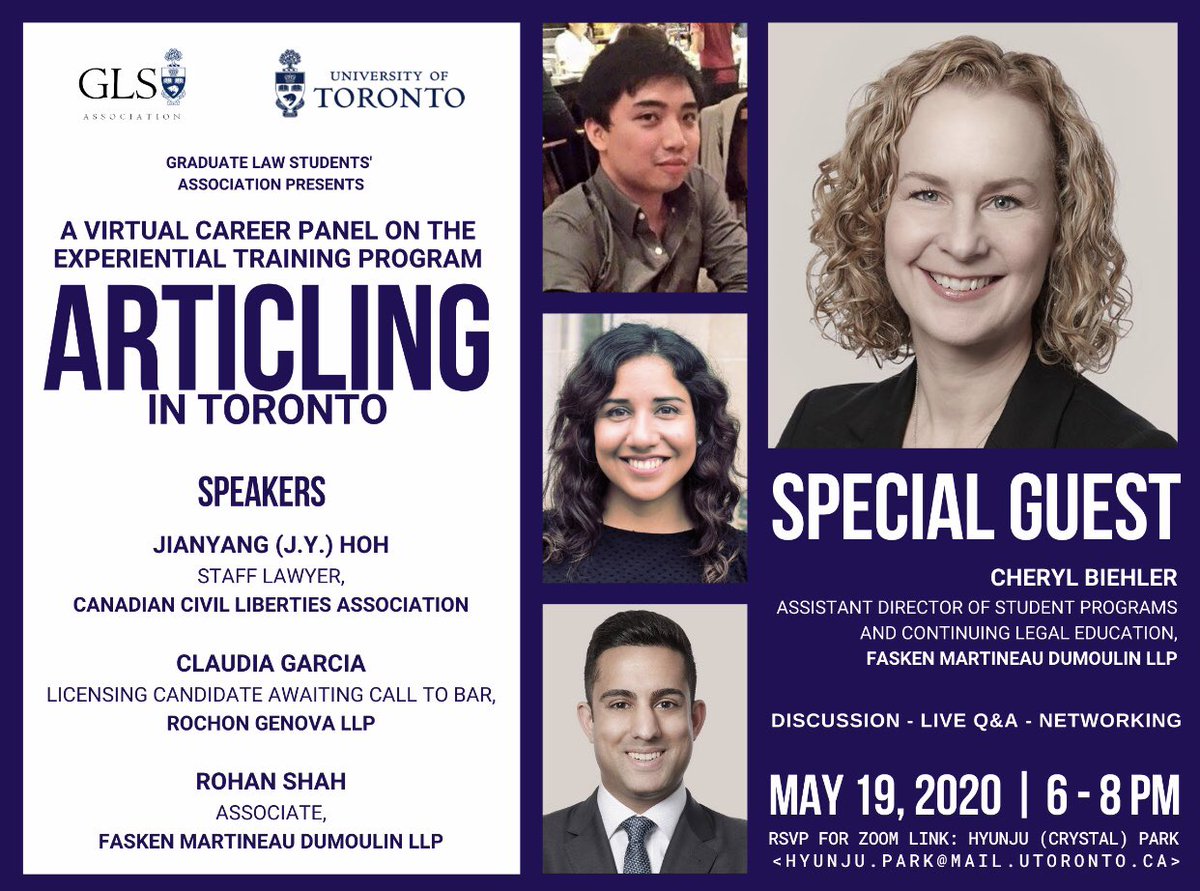 corporate_hjp's tweet photo. Thrilled and excited to announce the next #UofT #GLSA event. @UTLaw graduate law students, join us #virtually for a night of discussing #articling in #TO - applications, the day2day, and an opportunity to ask questions to our amazing panelists! #NCA #ITLs #biglaw #publicinterest https://t.co/bcC8PmfiwF