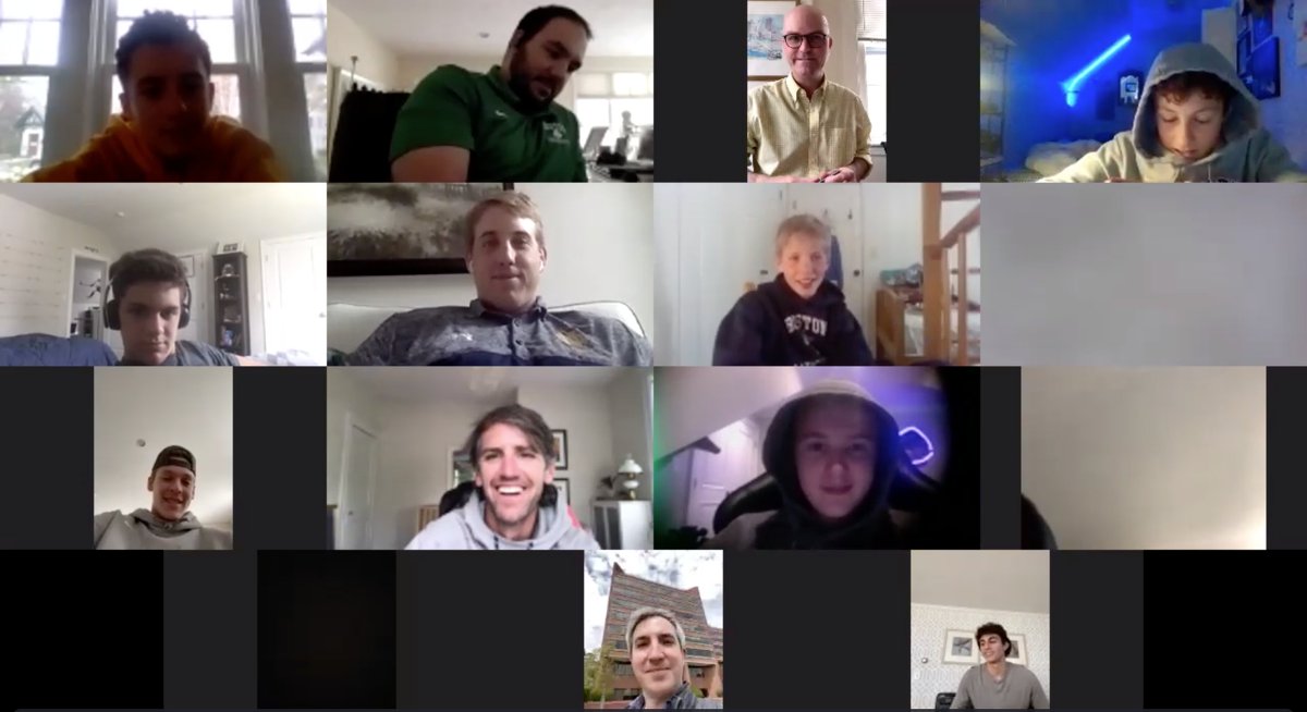 fessy's tweet photo. Fessy alumni, Remington Pope '07, Nick Loring '15, Sam Tavitian '20 and Timmy Phillips '11 (pictured), have been meeting over Zoom with Fessenden's lacrosse team to share their stories and tips. Our boys love hearing from alumni! #OneFessy https://t.co/dVPQjHVfdg