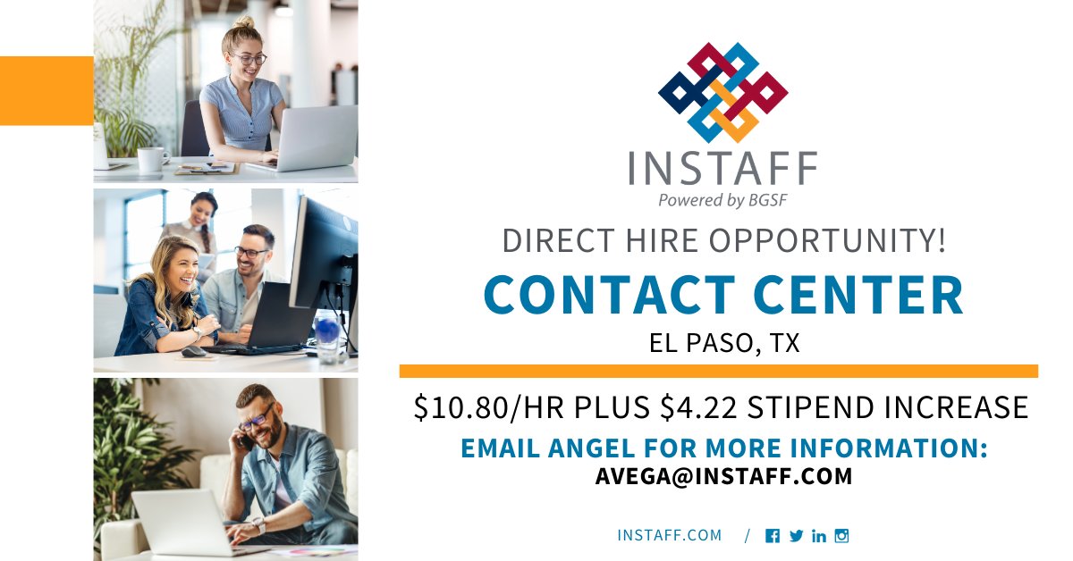 work4instaff's tweet photo. WE HAVE JOBS with BENEFITS! We are a Direct Hire Opportunity to work at a Contact Center in EL Paso, TX. This jobs includes, medical and 401K! Contact Angel to apply: avega@instaff.com
#Work4InStaff #ElPasoJobs #Work4BG https://t.co/I4NF9aFZW8