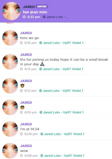sitejaredletobr's tweet photo. Jared no VyRT hoje durante a watch party do Vyrt Violet I https://t.co/78HERz1jA7