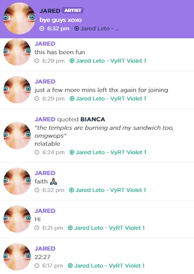 sitejaredletobr's tweet photo. Jared no VyRT hoje durante a watch party do Vyrt Violet I https://t.co/78HERz1jA7