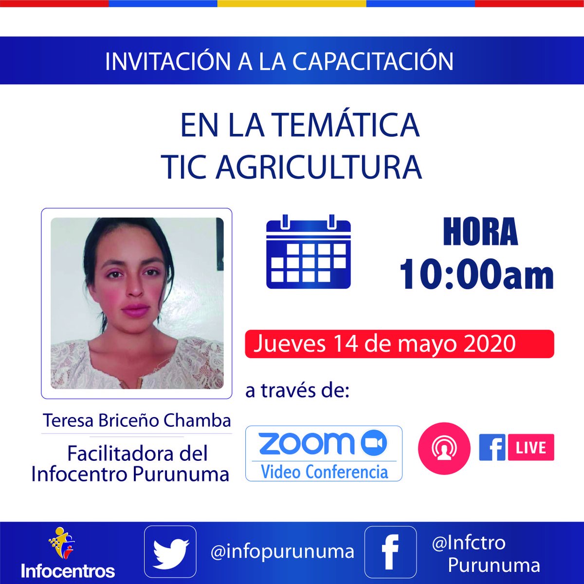 Niko_Macas's tweet photo. Invitados a ser participes de la capacitación en la temática #TicAgricultura a partir de las #10H00 de este jueves 14/05/2020 de la cual participa el @infopurunuma con esta importante acción de formación a través de @TeresaBriceo10. https://t.co/tc07LdPEPq