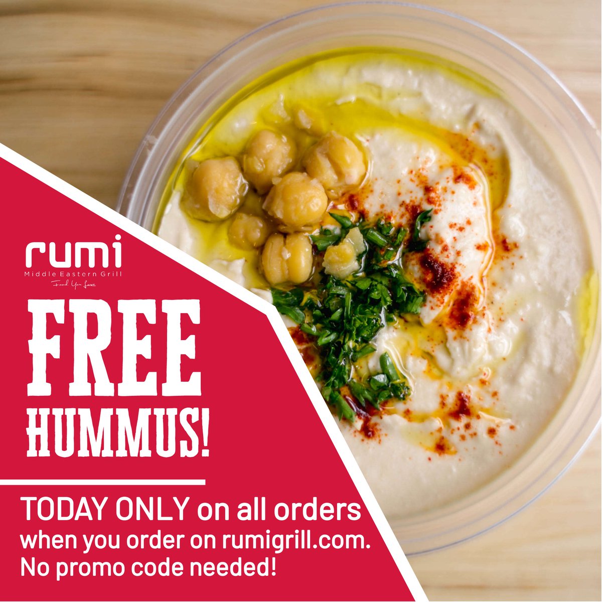 rumigrill's tweet photo. It's International Hummus Day! 

Rumi is celebrating by giving FREE HUMMUS (with pita, of course) on every order through https://t.co/JSiGiW0QIb! No code needed! Today only (open from 5-10pm).

SHARE THE LOVE  with your friends &amp; followers! https://t.co/lDnN0ydetw