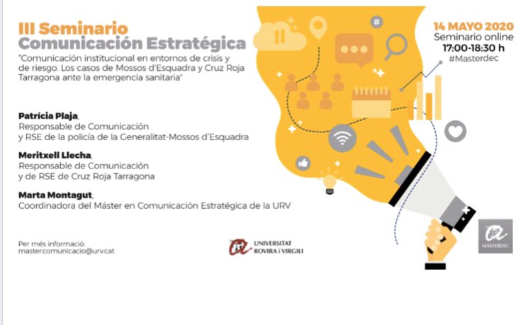 MeritxellLecha's tweet photo. Mañana será un lujo compartir espacio virtual con dos grandes profesionales de la comunicación @patriciaplaja i @montitas en el III Seminario de Comunicación Estratégica de la @universitatURV #Masterdec https://t.co/tadaH1e9KA