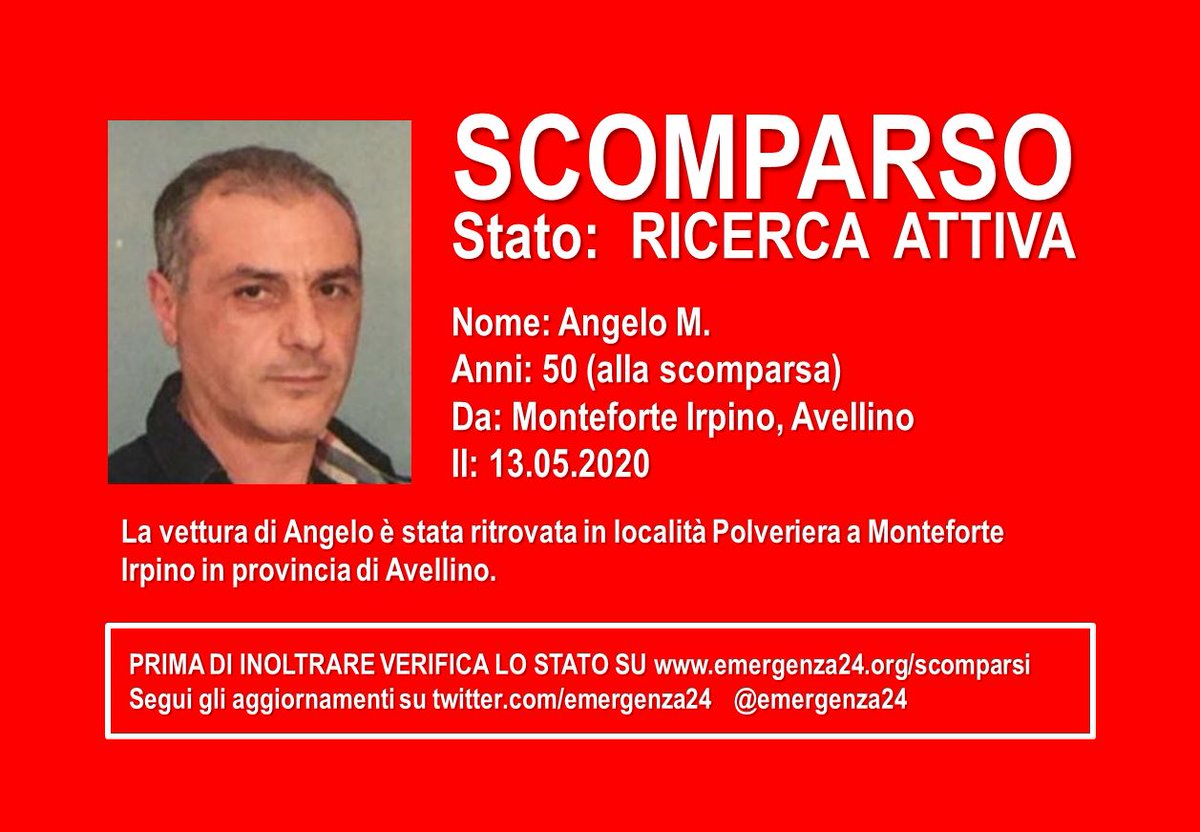 Emergenza24's tweet image. PLEASE RT [14.05-07:40] CERCHIAMO UOMO (50 anni) #SCOMPARSO da località #Polveriera #Monteforte Irpino #Avellino  il 13.05.2020 – Informazioni e aggiornamenti: – Informazioni e aggiornamenti: goo.gl/tKHsXK