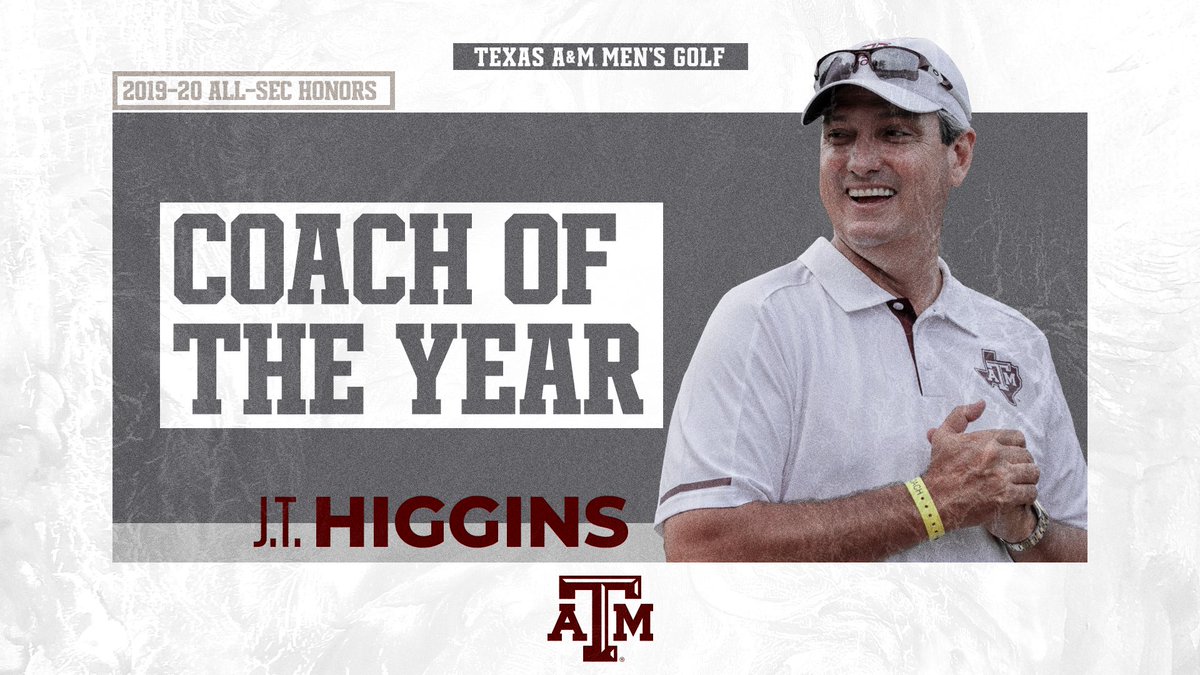 AggieMensGolf's tweet photo. Congratulations to J.T. Higgins for earning Coach of the Year honors for the second time in his @12thMan career, and his FIRST @SEC Coach of the Year Award!

#AggieGolf | #GigEm https://t.co/P3RzwNDh2B