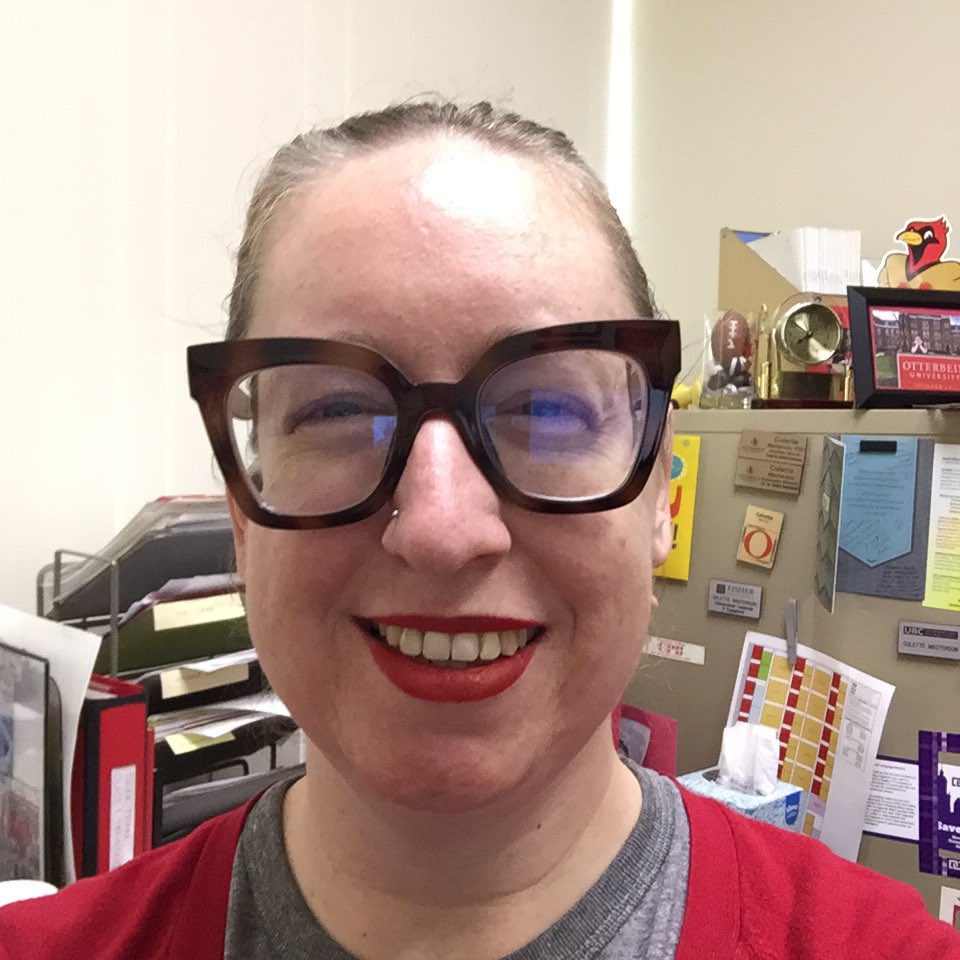 colettemae's tweet photo. Work from Home Day 35: big brown plastic frames and my red @OtterbeinSports Otterbein O shirt! #Otterbein #GoCards #OTTERBeInThisTogether https://t.co/sPpFvQ8Yts