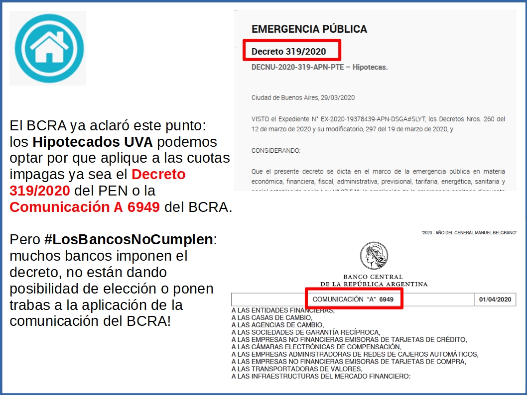 hipotecadosuva's tweet photo. .@alferdez los #HipotecadosUVA estamos denunciando que #LosBancosNoCumplen: desinforman, ponen trabas o niegan la posibilidad de aplicación de la Comunicación del BCRA que permite trasladar las cuotas impagas al final del crédito. En este duro momento actuán con total impunidad! https://t.co/IGl149SVmF