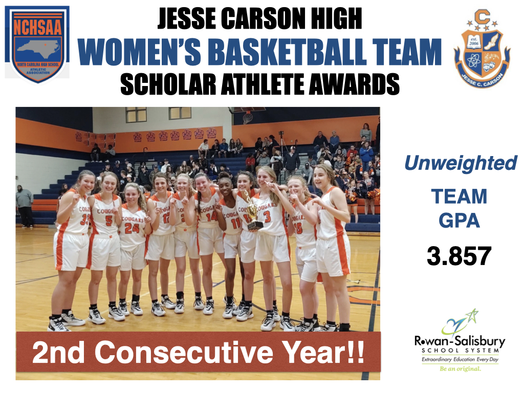 The Rowan-Salisbury Board of Education recognized the <a href="/JCHSCougars/">Jesse C. Carson High School</a> women's basketball team for receiving the <a href="/NCHSAA/">NCHSAA</a> 'Scholar Athlete Award' for the 2nd consecutive year with a team GPA of 3.857. 

RSSconnects