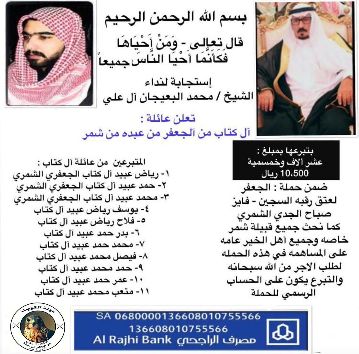 تبرع فاعل خير 
عن طريق
 - حملة - عائلة آل كتاب من الجعفر من عبده من شمر
-- ضمن حمله الجعفر--
مبلغ - 1171
الف ومئه و واحد وسبعون ريال
جزاه الله خير

يصبح اجمالي التبرع عن طريق
 حملة- آل كتاب 
10500+1171 = 11671
احدى عشر الف وستمئه و واحد وسبعون ريال 
#عتق_رقبه_فايز_الجدي_الشمري