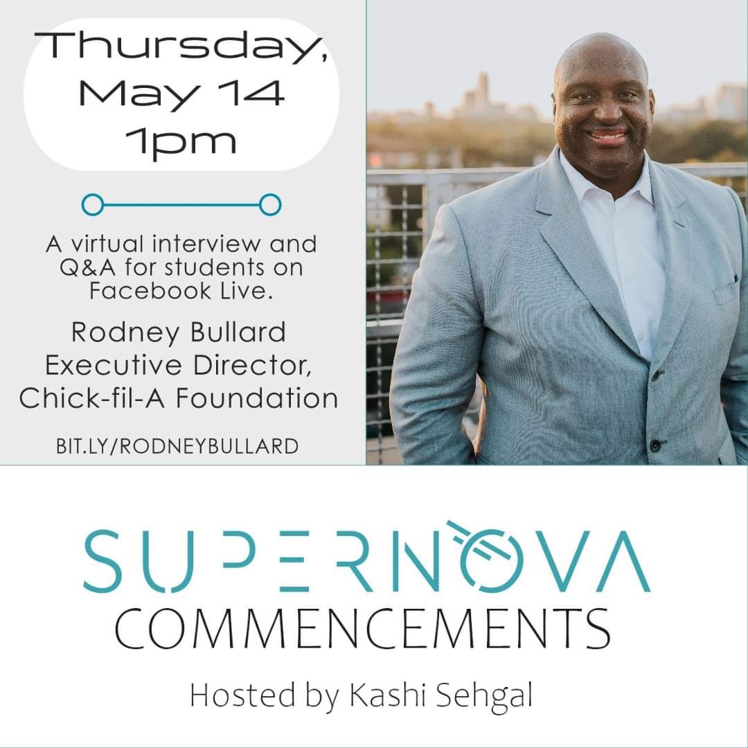 Calling the #ClassOf2020! 🎓🎉🙌

Im hosting commencements for you w/ thought leaders. LIVE Q&amp;A with speakers. 

This week: <a href="/rodney_bullard/">Rodney Bullard</a> from <a href="/ChickfilA/">Chick-fil-A, Inc.</a>  

Thurs, 5/14, 1pm EST. JOIN US! 
bit.ly/RodneyBullard

#graduation #commencement #supernovacommencements #students