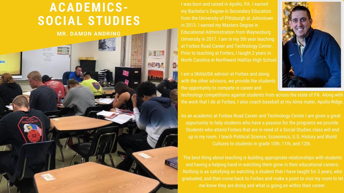ForbesRoadCTC's tweet photo. Mr. Andring, or Mr. A as his students call him is up next! He teaches social studies at Forbes and he also is one of our SkillsUSA Advisors this year. If you have any questions about his class, Skills, or Forbes; please email him at damona@forbesroad.com https://t.co/blC0uYfcFn