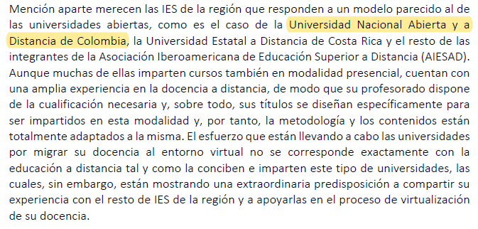 Gracias a <a href="/unesco_iesalc/">UNESCO IESALC #EducaciónSuperior #HigherEducation</a> por resaltar la experiencia de la <a href="/UniversidadUNAD/">Universidad UNAD</a> y nuestra "extraordinaria predisposición" a compartir nuestra experiencia con el resto de IES de la región y a apoyarlas en el proceso de virtualización de su docencia