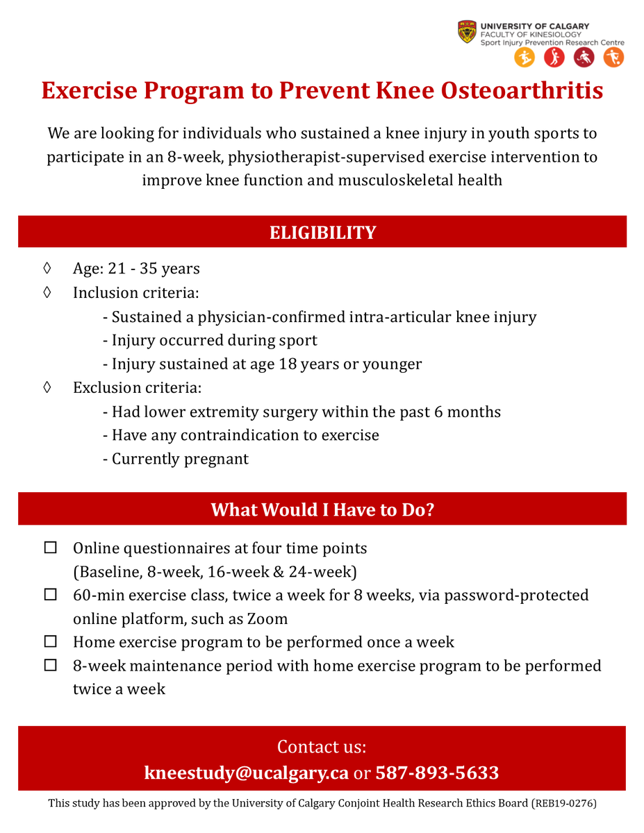 TeamOAKnee's tweet photo. Our exercise classes are now online! You might be eligible if you had a knee injury when you were 18 years or younger. See poster for details and contact us! https://t.co/wr1kzV4MOD