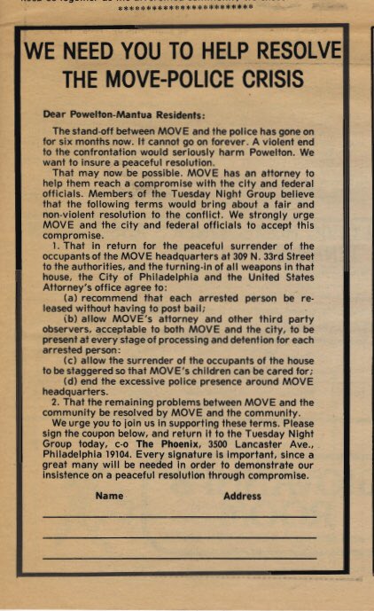 A MOVE ad in the Philadelphia Phoenix (1977) asking for support and explaining their goals of the stand-off with the police.