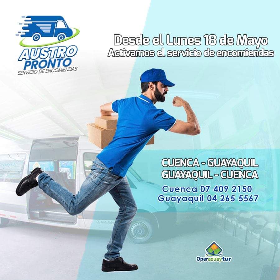 PachiCherrez's tweet photo. Me complace comunicar que desde el Lunes 18 de Mayo reactivamos nuestro servicio de encomiendas.
Cuenca - Guayaquil y Guayaquil - Cuenca
Cuenca 07 409 2150
Guayaquil 04 265 5567
#AustroPronto
Somos una empresa filial de #OperAzuayTur https://t.co/JrGI45TeCP