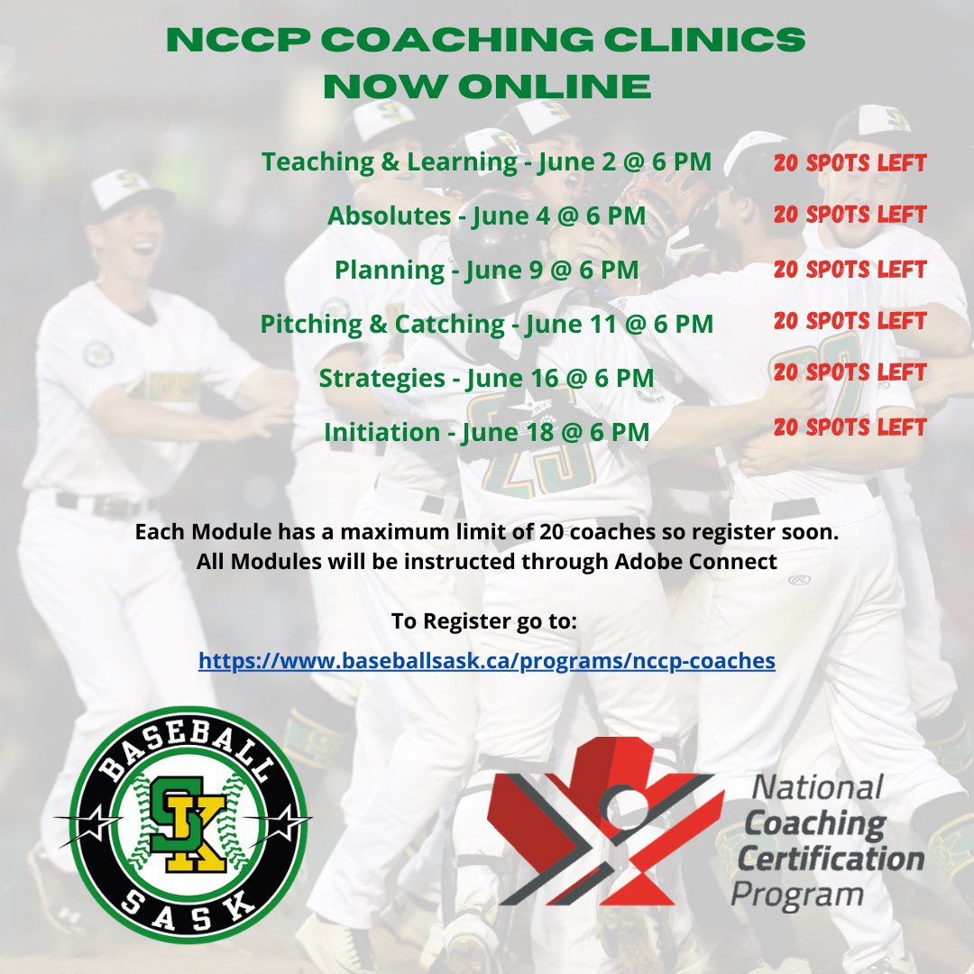 BaseballSask's tweet photo. 🚨Attention Coaches!🚨

We are happy to announce that the next round of all NCCP Modules ONLINE! If you missed out the last round of Modules here is your chance to receive your certification.   

To register go to: https://t.co/w68VcEyS7R https://t.co/jxmEbtFL0J
