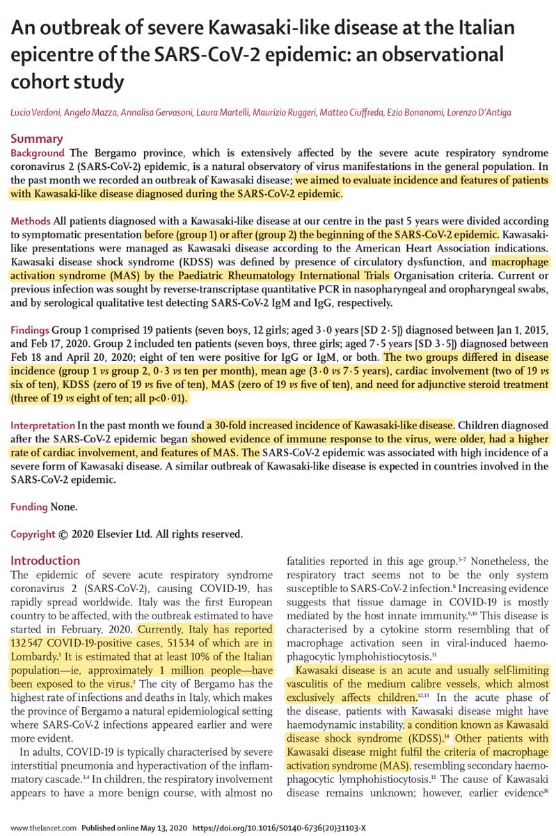 Just out  @TheLancet: The children with Kawasaki disease from  #SARSCoV2A unique report from Italy comparing this to pre- #COVID19:the incidence has gone up 30-fold and it is more severe, with more frequent heart involvement, MAS http://www.thelancet.com/journals/lancet/article/PIIS0140-6736(20)31103-X/fulltext