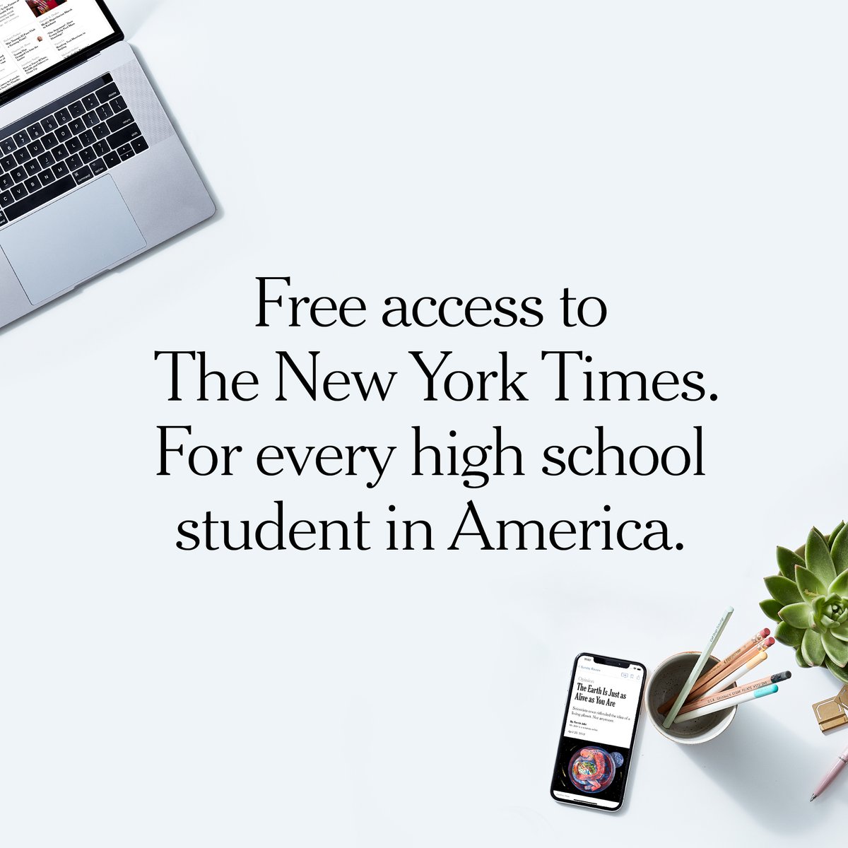 nytimes's tweet image. The New York Times is available online to high school students across the U.S. — free — until July 6. It’s our hope that our journalism will help students stay informed and engaged, even as they’re studying remotely. Learn more: nyti.ms/3fPg8jV