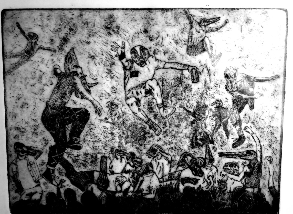 bufotwist's tweet photo. An old college print I did of some dino skulls combined with metal boys called La Brea Mosh Pit for @NHM_London #NatureDrawingClub prompt for dinosaur art. #scicomm #sciart #dinoprint #dinosaurs https://t.co/Cq2s339PUr