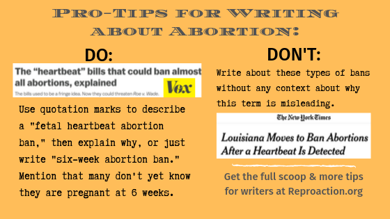 reproaction's tweet photo. Abortion is constantly in the news lately, so Reproaction has compiled some pro-tips for writing about abortion accurately and without biased language. https://t.co/aoCbjg04yd https://t.co/kX4RjRJ0uG