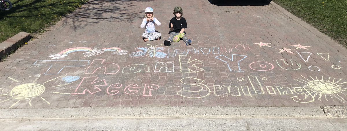 mrsjpaolucci's tweet photo. We are sending a very BIG Thank you to everyone who is keeping our world running during this crazy time. Thank you #InnisfilFire for the special visit, reminder to check our fire alarms and chalk! WE ARE SUPER EXCITED FOR sparky to see our driveway art!! #chalkoneupforfiresafety https://t.co/27i3s4GrOl