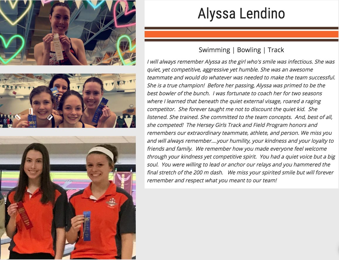 HerseyHuskies's tweet photo. The Athletic Department wants to acknowledge the incredible amount of talent, dedication and drive it takes to complete 3 seasons of high school athletics. Alyssa Lendino was a fierce competitor and an ultimate teammate. We honor her memory! #ForeverAHuskie https://t.co/uPGaBoDB0F