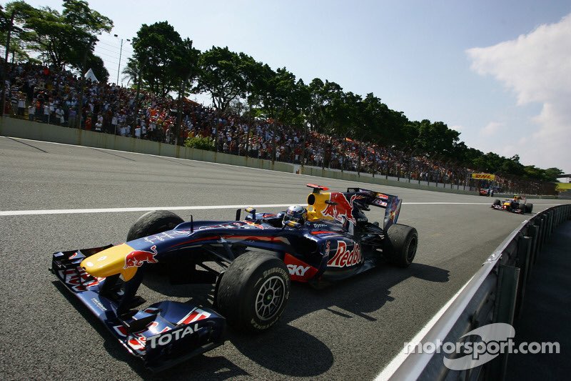 2010 Brazilian Grand PrixRed Bull RB671 laps, 305.909 kmSebastian Vettel, with his 9th victory and his 4th of the season, propelled himself from the edge of the drivers' championship to its raucous centre as he finished 1st in a time of 1 hour, 33 minutes and 11.803 seconds.