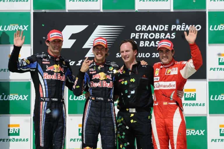 2010 Brazilian Grand PrixRed Bull RB671 laps, 305.909 kmSebastian Vettel, with his 9th victory and his 4th of the season, propelled himself from the edge of the drivers' championship to its raucous centre as he finished 1st in a time of 1 hour, 33 minutes and 11.803 seconds.