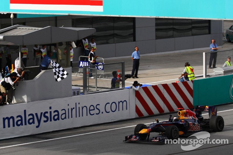 2010 Malaysian Grand PrixRed Bull RB656 laps, 310.408 kmStarting from third on the grid, Vettel led 54 of the race's 56 laps as he won his sixth Grand Prix ahead of Webber, leading a Red Bull one-two.