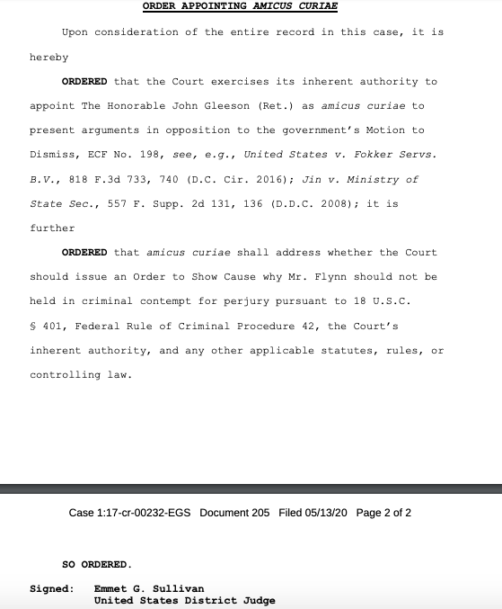 BREAKING: Judge SULLIVAN has appointed retired judge to argue against the government's motion to dismiss the charge against Flynn.