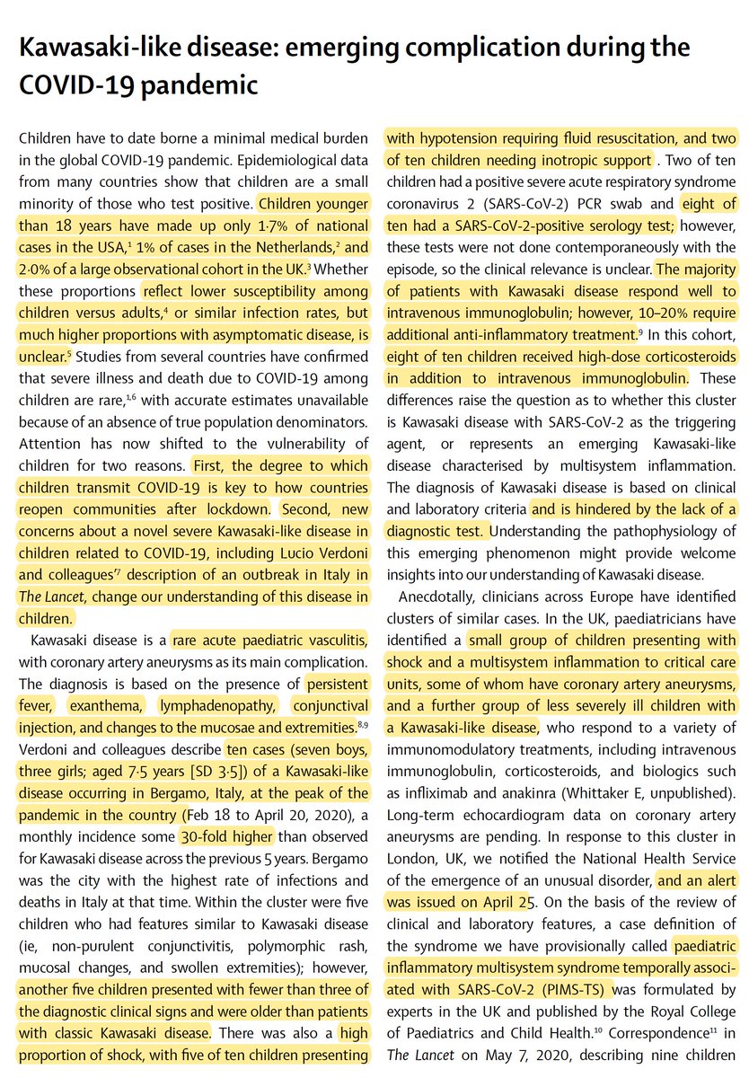 The accompanying, insightful editorial by  @russellviner and Elizabeth Whittaker https://www.thelancet.com/action/showPdf?pii=S0140-6736%2820%2931129-6The syndrome now has a name: PIMS-TS Also to note of Bergamo report: 5 kids atypical, 5 kids presented w/ hypotension, 2 shock"might provide info about immune response"