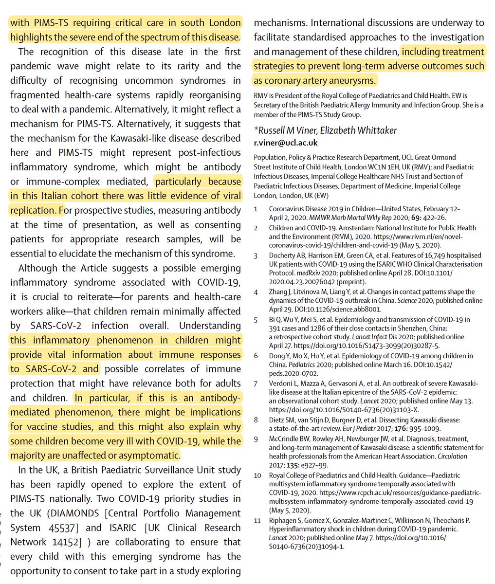 The accompanying, insightful editorial by  @russellviner and Elizabeth Whittaker https://www.thelancet.com/action/showPdf?pii=S0140-6736%2820%2931129-6The syndrome now has a name: PIMS-TS Also to note of Bergamo report: 5 kids atypical, 5 kids presented w/ hypotension, 2 shock"might provide info about immune response"