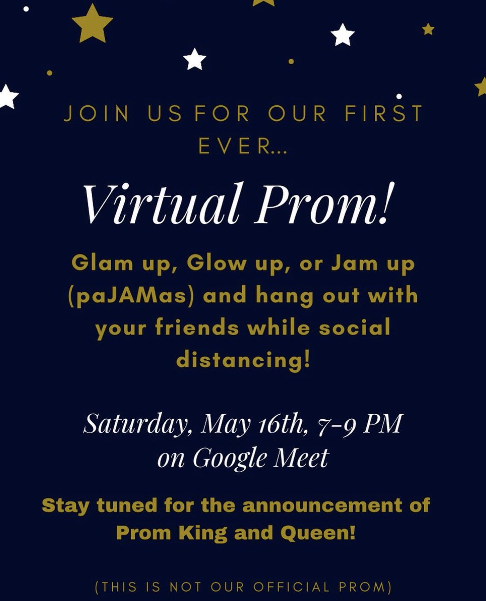 _RanchoRams_'s tweet photo. Juniors &amp; Seniors! Join us for our first ever Virtual Prom!! https://t.co/VjcbPzMc4E