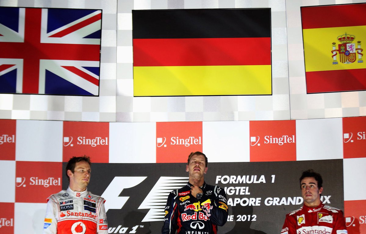 2012 Singapore Grand PrixRed Bull RB859 laps, 299.170 kmThe race fell into Vettel’s hands after Hamilton retired from the lead before half-distance with a gearbox problem, winning for a second year running after a gruelling race which ran to the two-hour time limit.