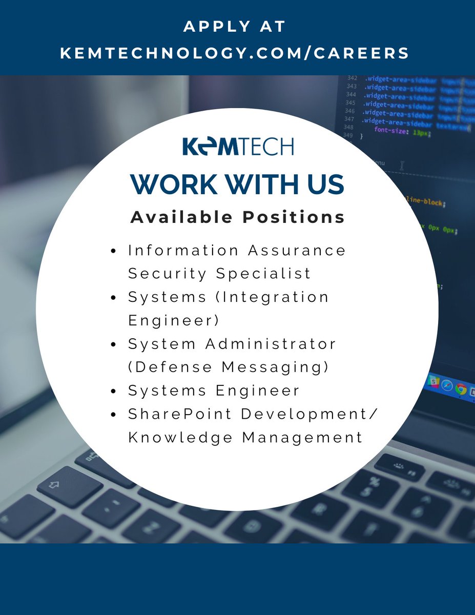 KemTechnology's tweet image. Are you a motivated, dependable, hard-working IT professional? We are looking for you! Visit kemtechnology.com/careers to view our open positions and apply! #ITservices #KemTech #availablepositions #technology #TechNews