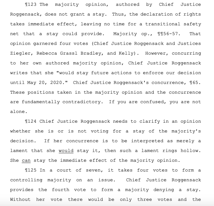 There are SO many insane details about the Wisconsin Supreme Court's 4–3 decision invalidating the state's stay-at-home order. But start here: NO ONE KNOWS if the decision takes effect immediately because the chief justice won't say.  https://bit.ly/2Lsbric 